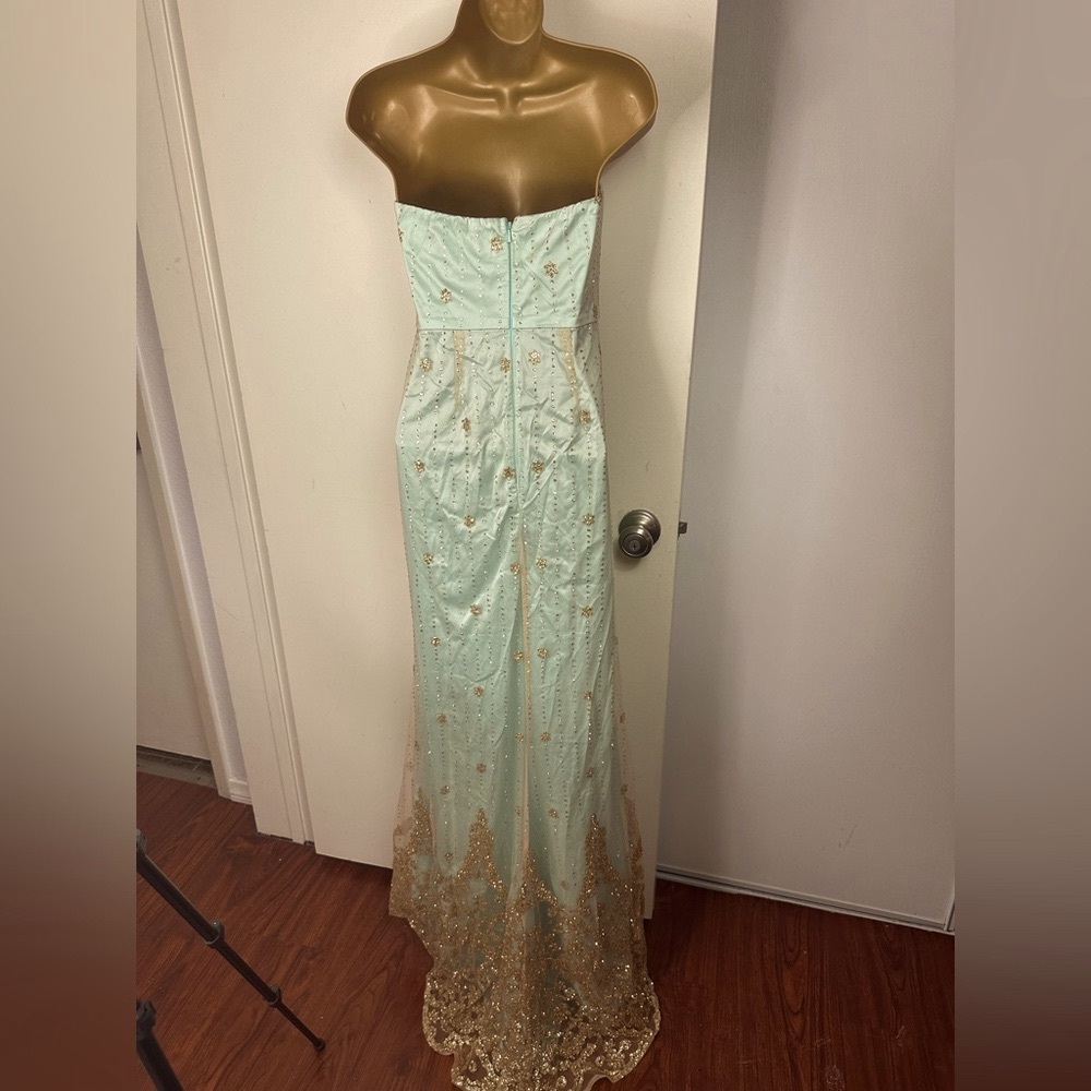 Minuet Mint Strapless Heavily Gold Glitter Embellished Bottom Formal Dress NWT S - Picture 10 of 16